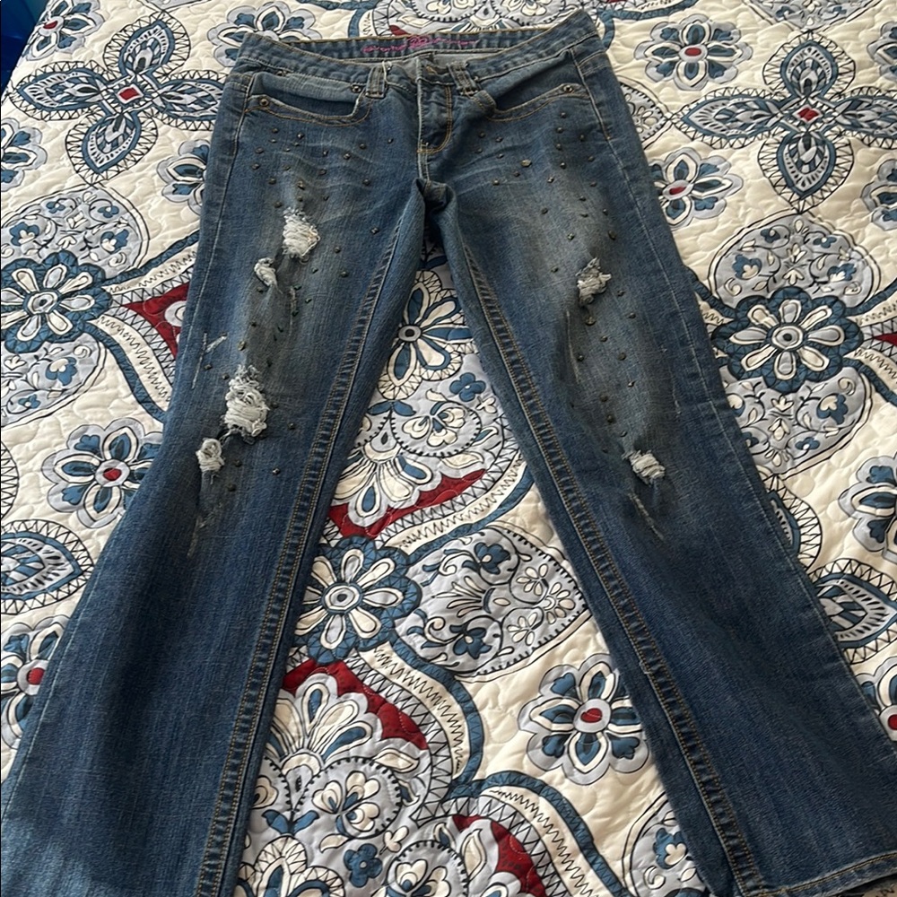 2B Bebe Blue Flare Wide Leg Jeans with Authentic Distressing